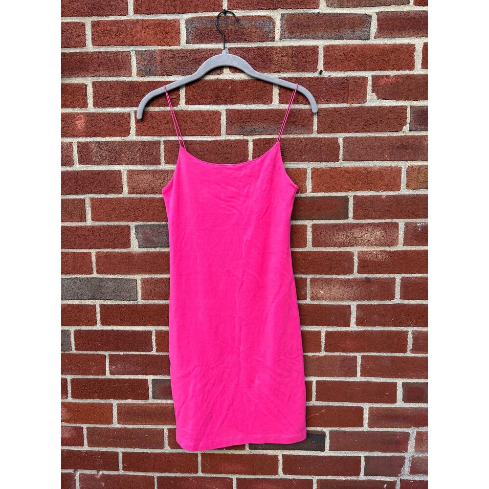 Zara Hot Pink Bodycon Mini Dress Size Large Spaghetti Strap Stretch Club - Picture 2 of 8